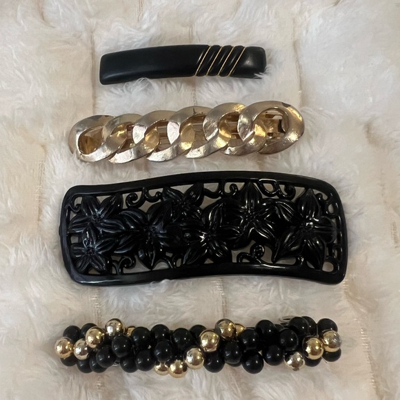 Accessories - Vintage 80s 90s Barrettes Lot Goody France Gold Chain Black Clips